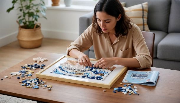femme qui construit le set Lego 31208