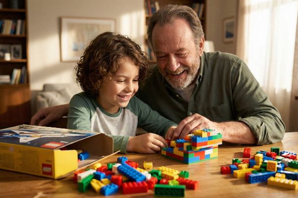 Un enfant et un adulte construisent ensemble un set LEGO coloré sur une table en bois, souriants et concentrés, dans une ambiance chaleureuse et familiale.