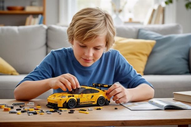 enfant construit le set lego 42056 