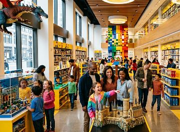 Boutique officielle Lego avec familles et enfants enthousiastes, reflétant l\'expansion mondiale de 1 112 magasins dans 54 pays en 2025