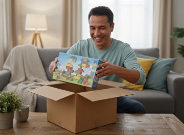 sortant un set LEGO d\'un colis de livraison à domicile